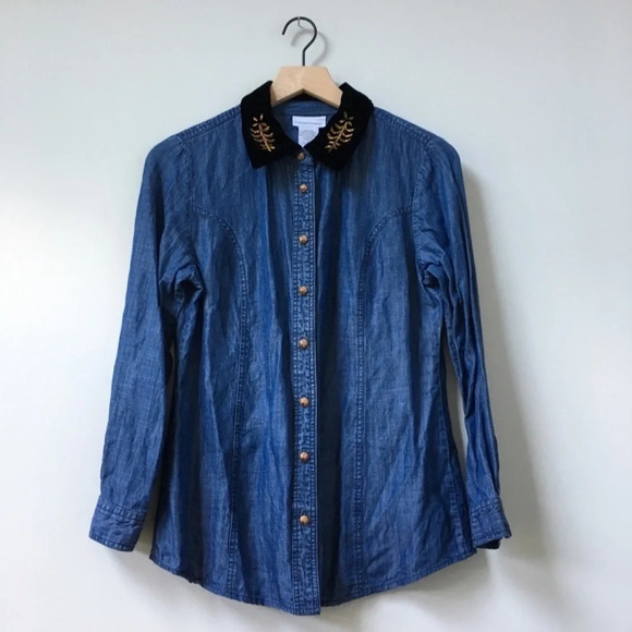 Soft surrounding Chambray velvet collar beaded embellished denim button down - Picture 2 of 9